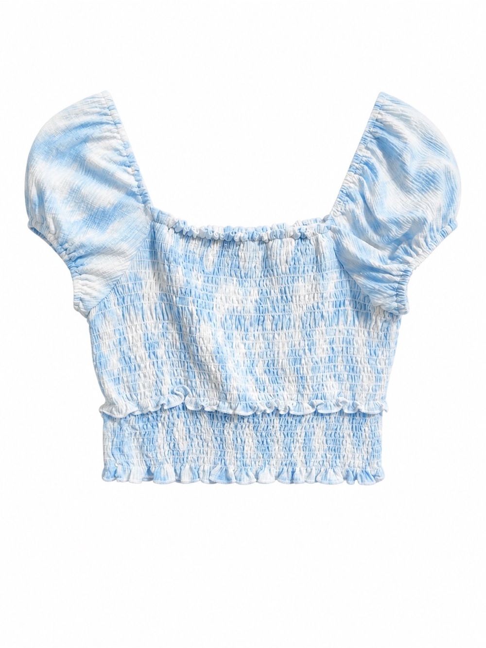 Lush Blue Swirl Smocked Crop Top Small Puff Sleeve Cottagecore Tie Dye Blouse